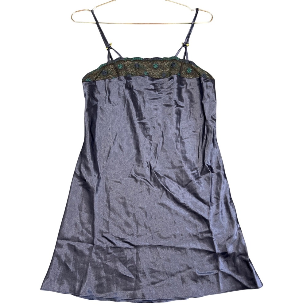 Vintage California Miss Navy Blue Satin Lace Trim Chemise Nightgown Small Y2K